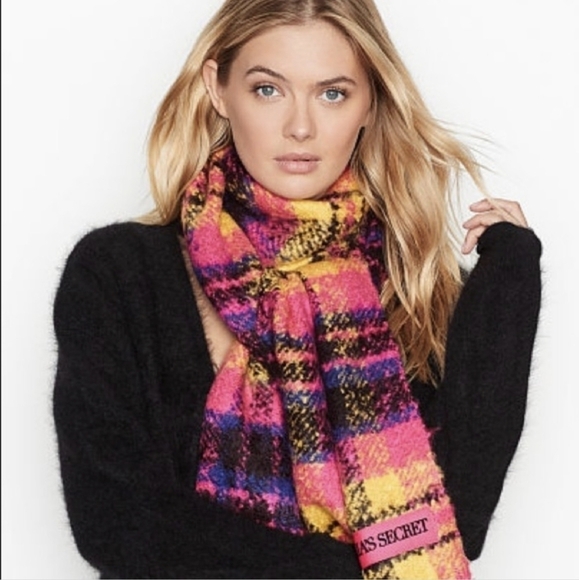 Victoria's Secret Fuchsia & Yellow Plush Plaid Scarf Winter Angel Collection - Picture 9 of 9